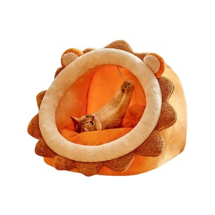 Cozy Corduroy Lion Pattern Semi-Enclosed Cat Bed