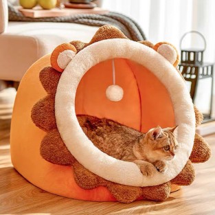 Cozy Corduroy Lion Pattern Semi-Enclosed Cat Bed