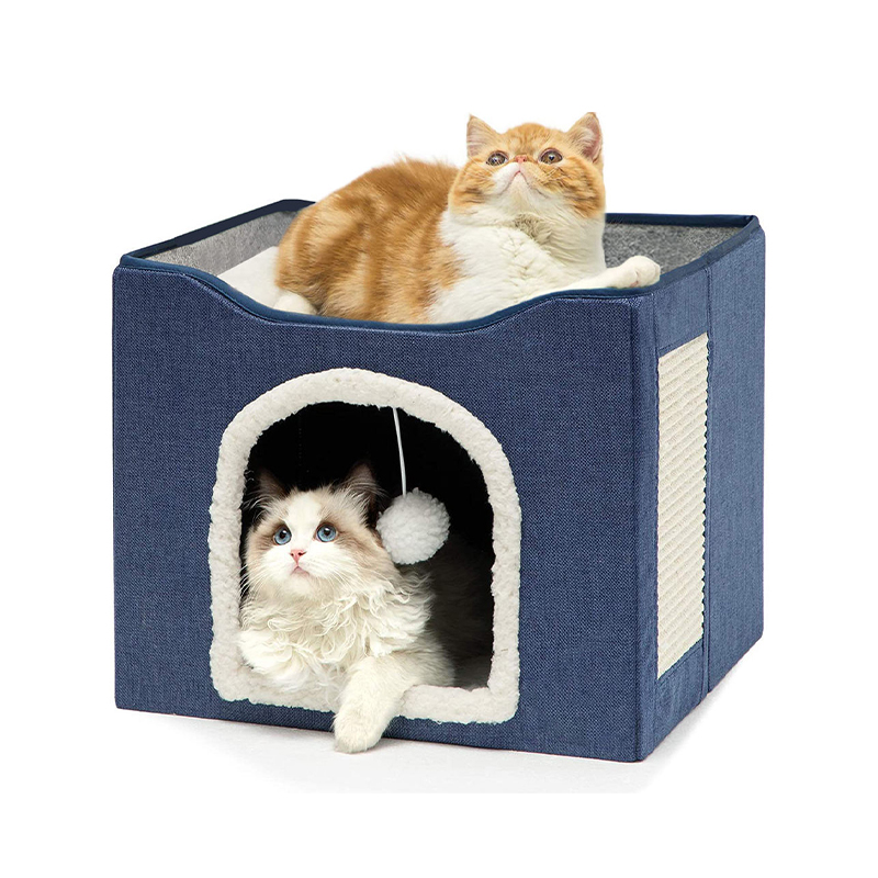 Foldable Double Layer Cat Bed House with Scratching Pad Washable Cushion