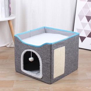 Foldable Double Layer Cat Bed House with Scratching Pad Washable Cushion