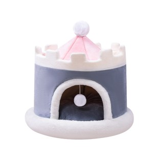 Fluffy Plush Castle Semi-Enclosed Cat Bed with Removable Cushion