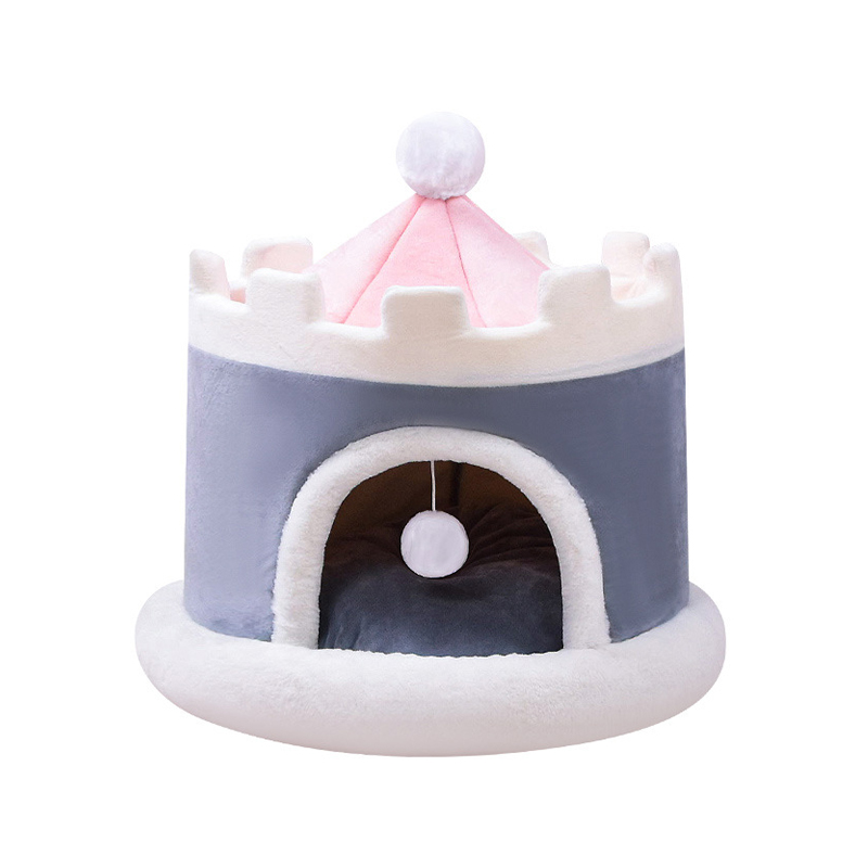 Fluffy Plush Castle Semi-Enclosed Cat Bed with Removable Cushion