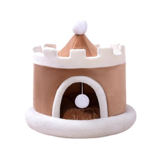 Fluffy Plush Castle Semi-Enclosed Cat Bed with Removable Cushion